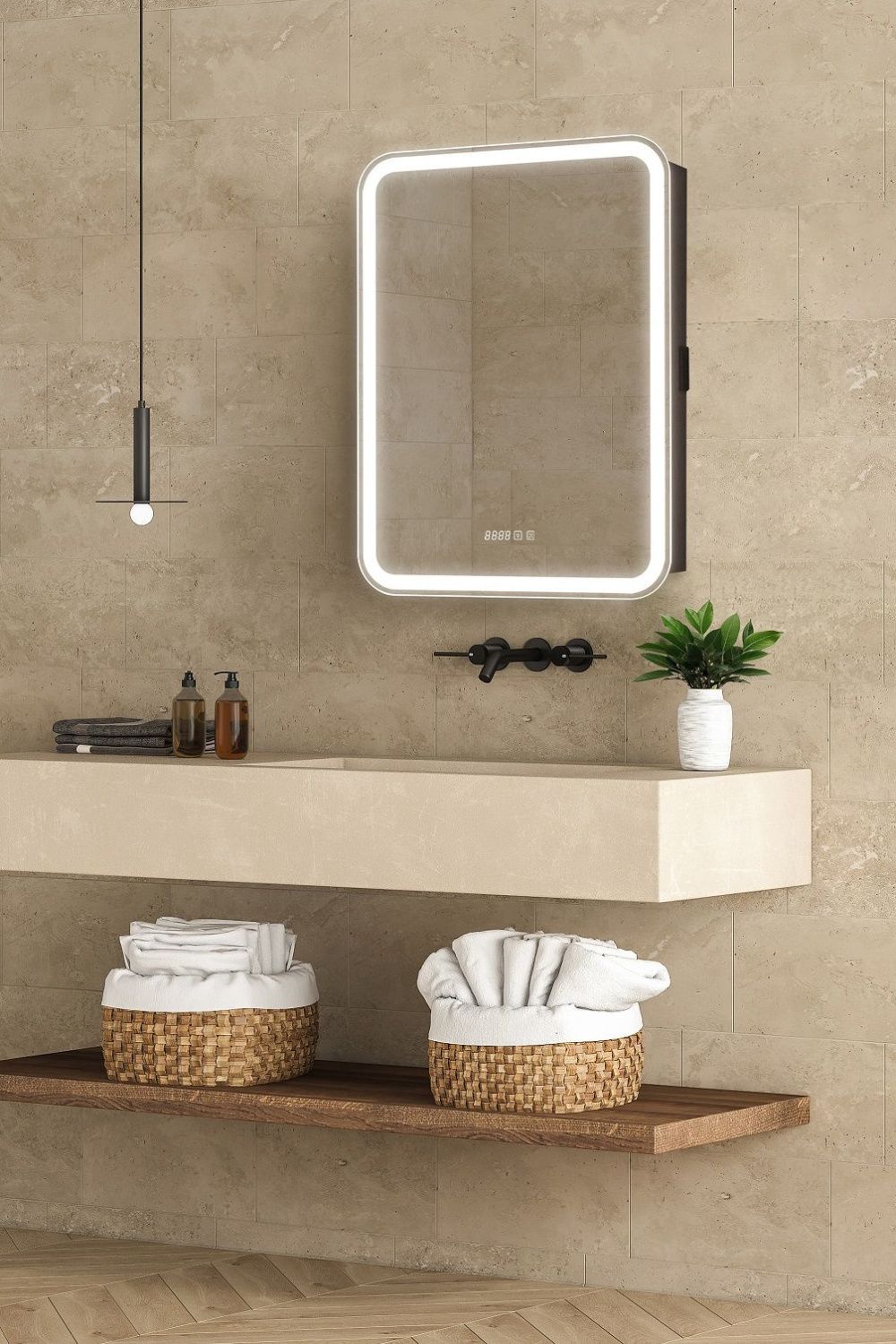 Зеркало-шкаф с подсветкой, часами и функцией антизапотевания ART&MAX Платино Platino AM-Pla-600-800-1D-R-DS-FC-H-T-Grey